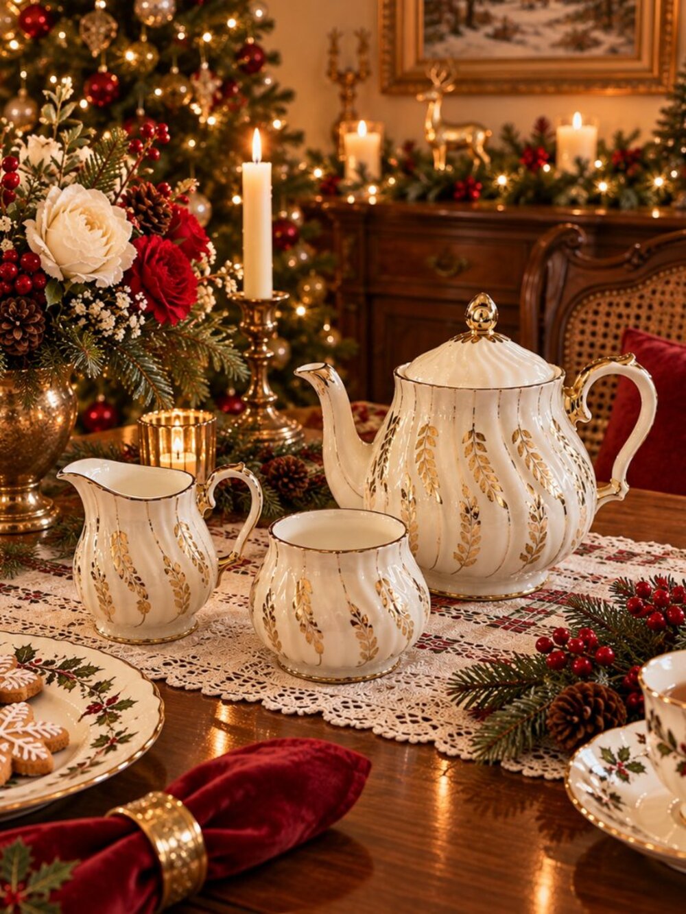 Vintage Sadler Gold Leaf‎ Swirl Design Teapot, Cream and Sugar Set